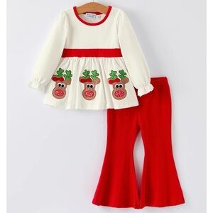 NWT Boutique Butter Soft Girls Reindeer Appliqué Long Sleeve Top & Flared Pant